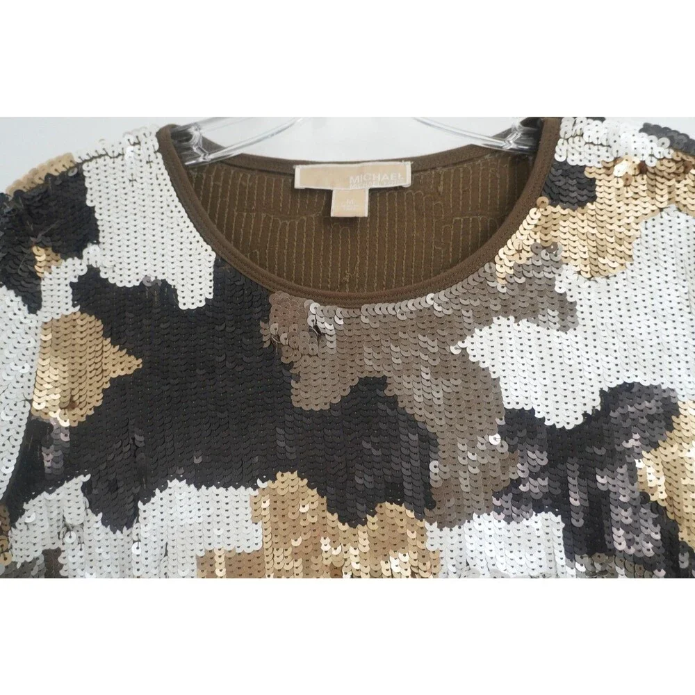 MICHAEL Michael Kors Camou Sequin Tee Gold BLK White Sparkle Glitzy Chic Top SzM
